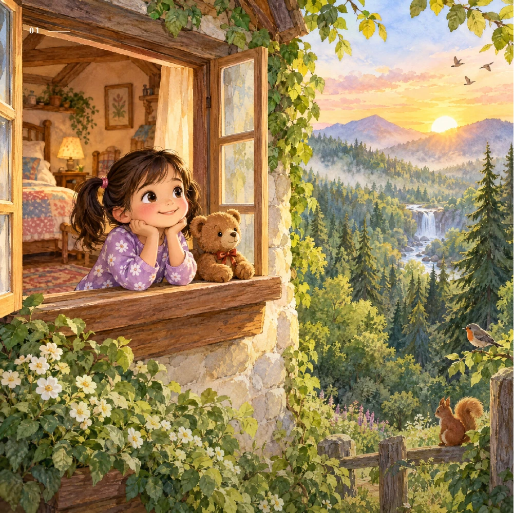 Page illustrée du livre de démonstration : la forêt ensoleillée de Lina
