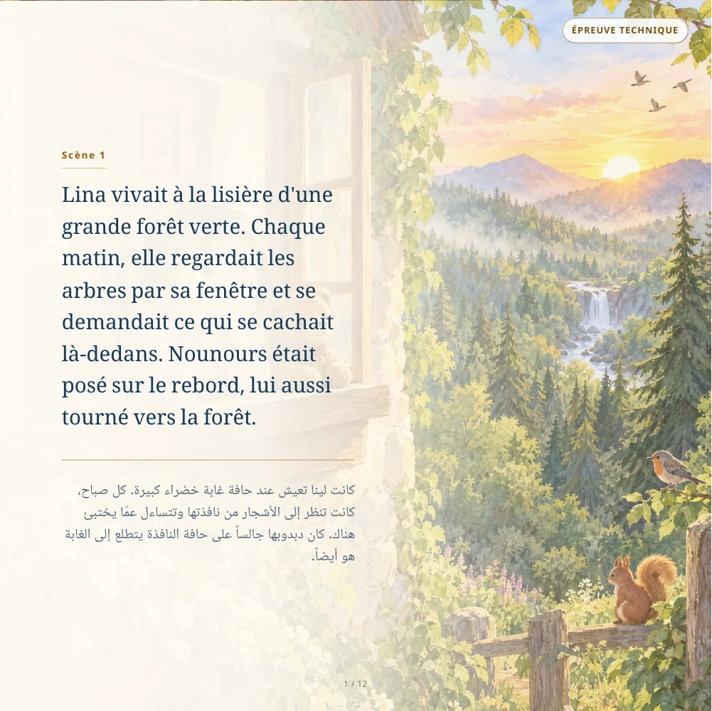 Page de récit de Lina avec texte français et arabe sur une illustration de forêt