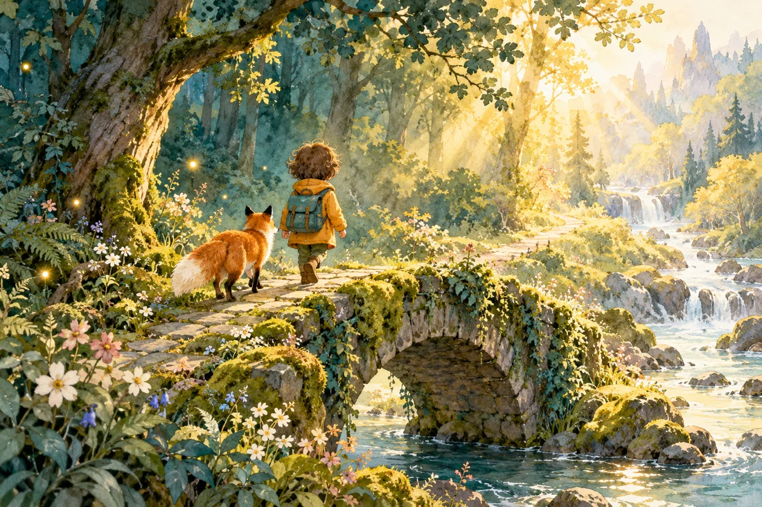 Illustration d’une aventure en forêt : un jeune explorateur et un renard sur un pont